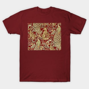 FOREST ANIMALS , PEACOCKS , FOX AND HARE IN RED T-Shirt